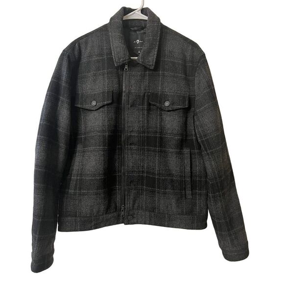 Seven For All Mankind Men's Wool Blend Black & Gray Plaid Trucker Jacket Medium - Picture 1 of 9